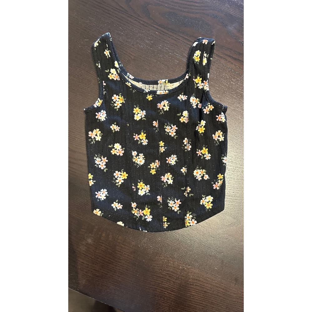 Art Class Girls Black Floral Ribbed Knit Tank Top Size S 6/7 Scoop Neck Crop